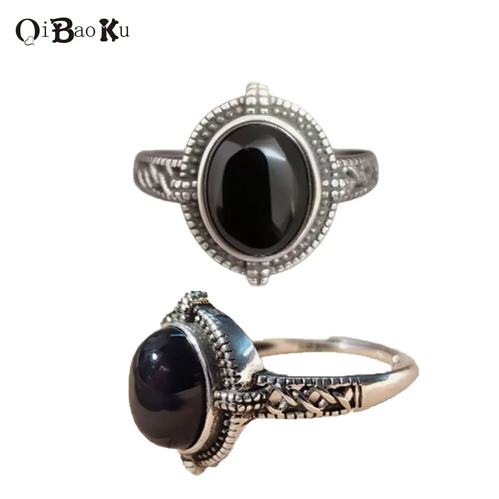 

QIBAOKU Size-Adjustable S925 Sterling Silver Ring Retro Ethnic Natural South Red Agate Stone Medieval Boutique Women Rings