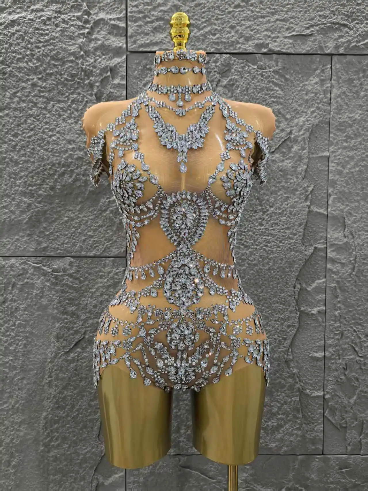 Body ajustado transparente de malla Sexy de cristal brillante para mujer, traje de actuación de cantante para fiesta en club nocturno, ropa de escenario