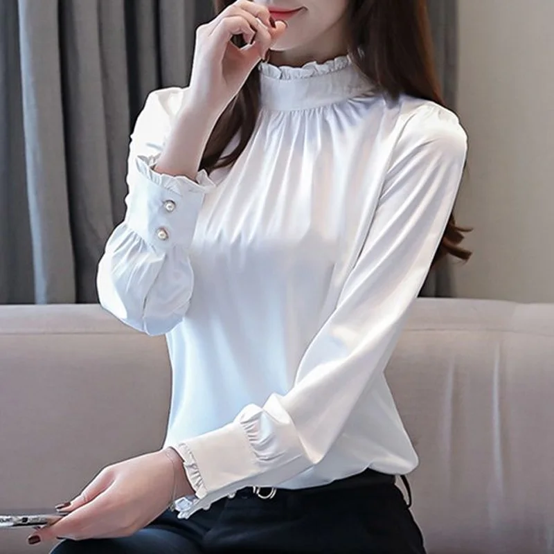 2023 New Fashion Trend High Neck Ruffle Edge Temperament Professional Dress Solid Oversized Casual Commuter Ruffle Sleeve Shirt