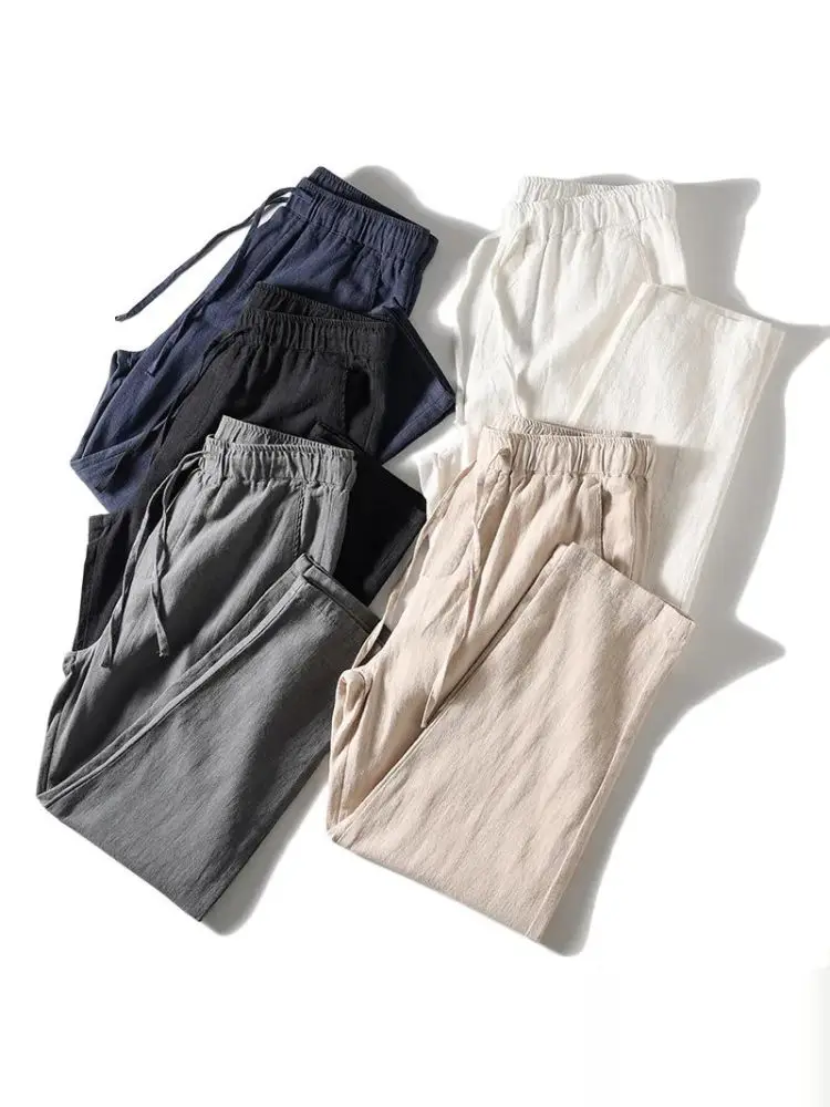 

Мужские повседневные длинные брюки из ткани DuPont Technology: летние, дышащие, из хлопка и льна, с эластичным поясом, прямого кроя