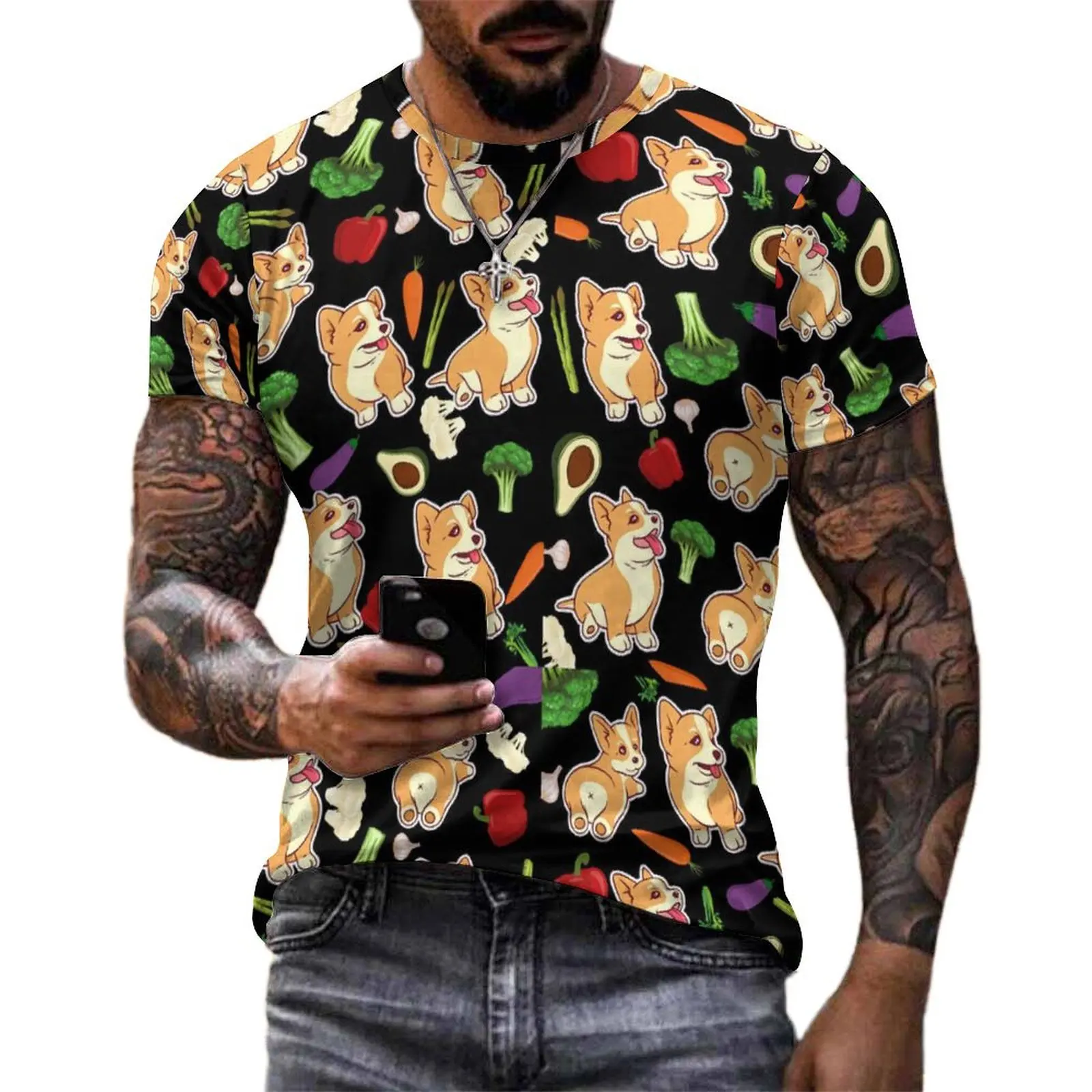 

Male Cute Corgi Print T Shirt Vegetables Food Fashion T-Shirts Short-Sleeve Custom Tops Original Streetwear Oversize Clothing