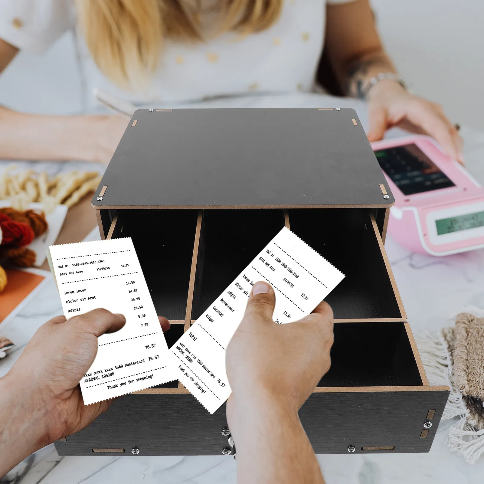 

Деревянный органайзер для денежного ящика кассового аппарата с несколькими отделениями, коробка для хранения денег и монет, настольный органайзер для документов