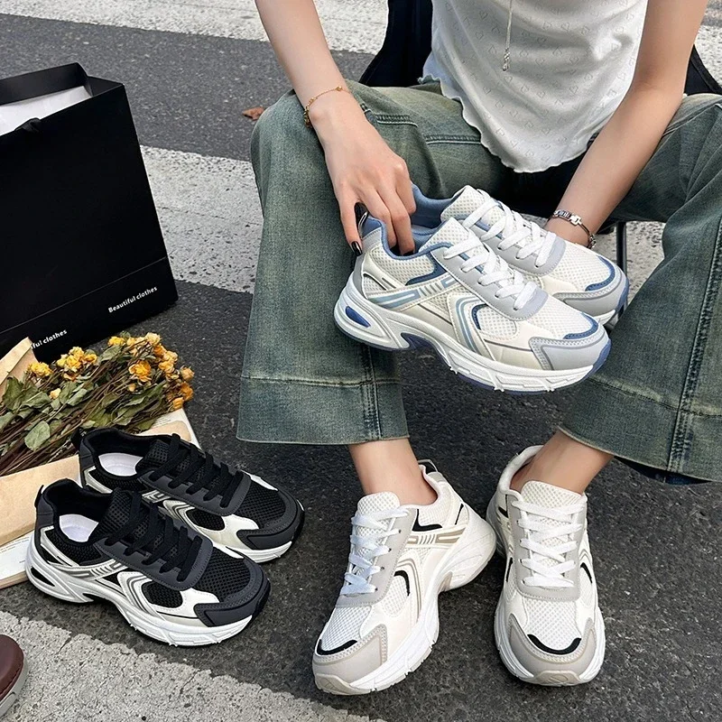 Women Breathable Mesh Running Sneakers Round Toe Synthetic Leather Patch Thick Shock Absorbing Casual Platform Walking Shoes