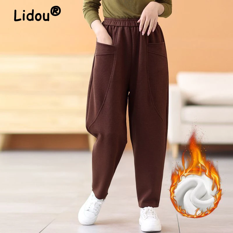 

Winter Women Casual Streetwear Vintage Harajuku Fleece Warm Baggy Harem Pants Y2K Female Solid Pockets Loose Sweatpants Pantalon