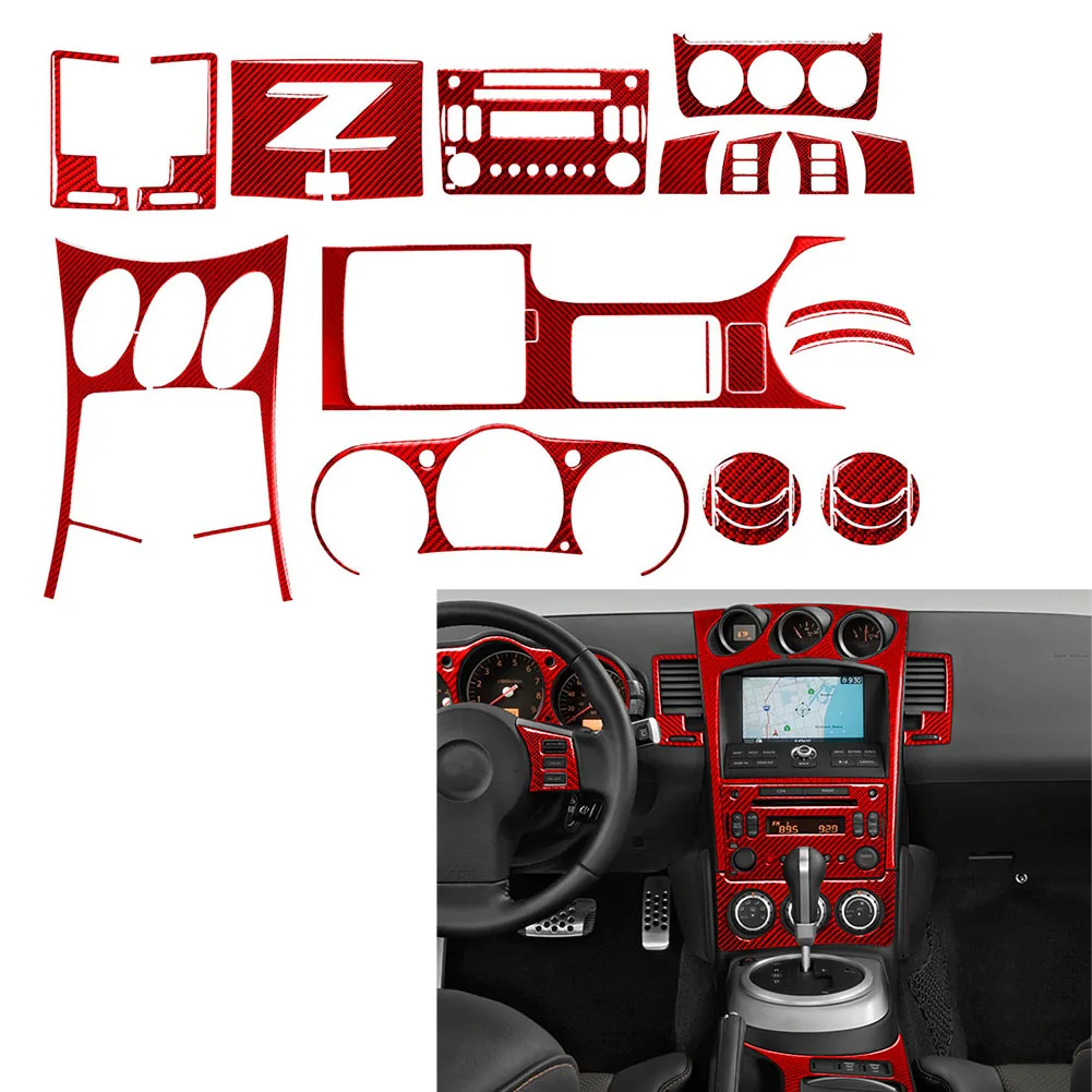 

27 Pcs Red Carbon Fiber Car Interior Full Set Decoration Frame Cover Sticker For Nissan 350z 2003 2004 2005 2006 2007 2008 2009