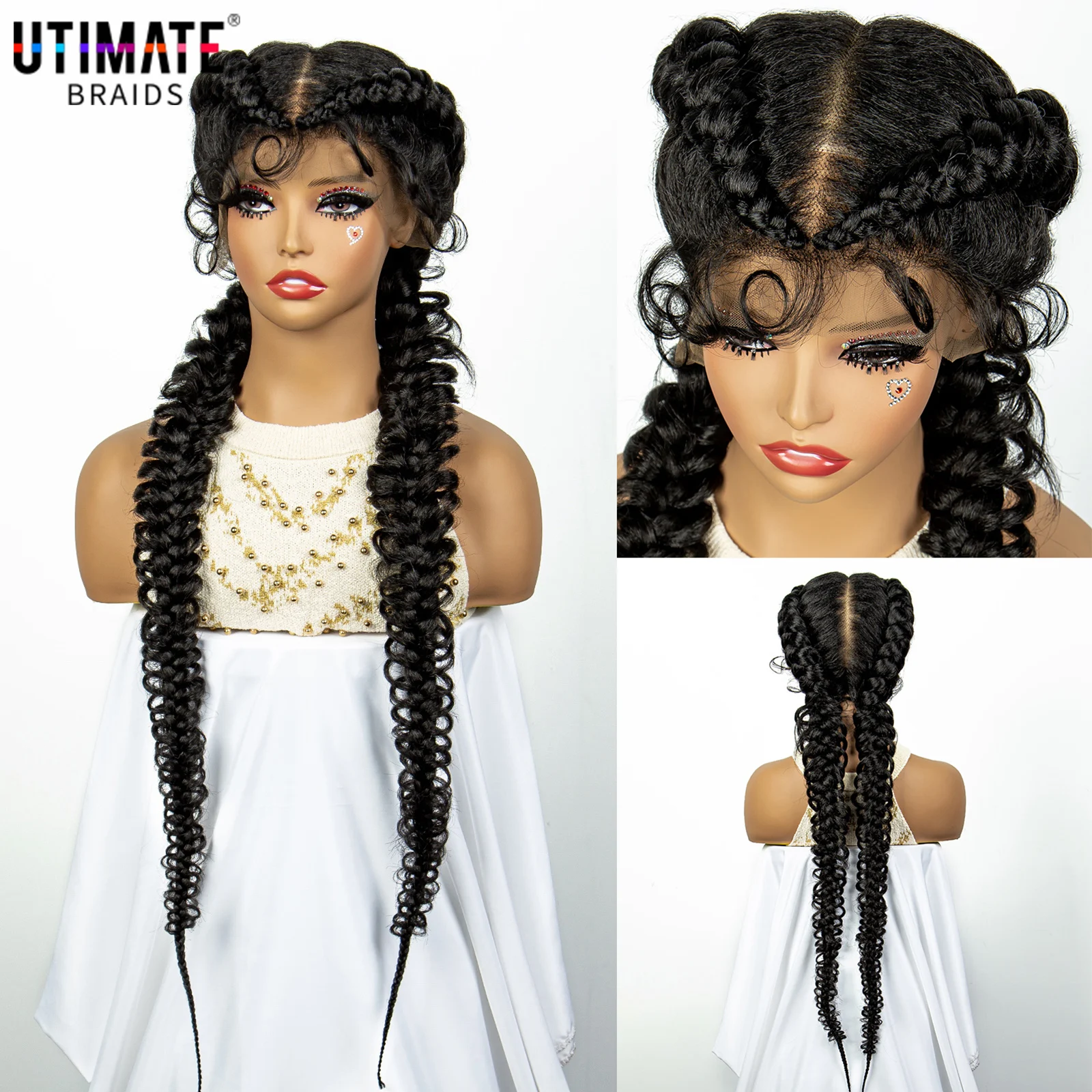 Synthetic Lace Frontal Dutch Box Braided Wigs for Black Women Fishtail Braids Wigs with Baby Hair 36 Inches Cornrow Braids Wig