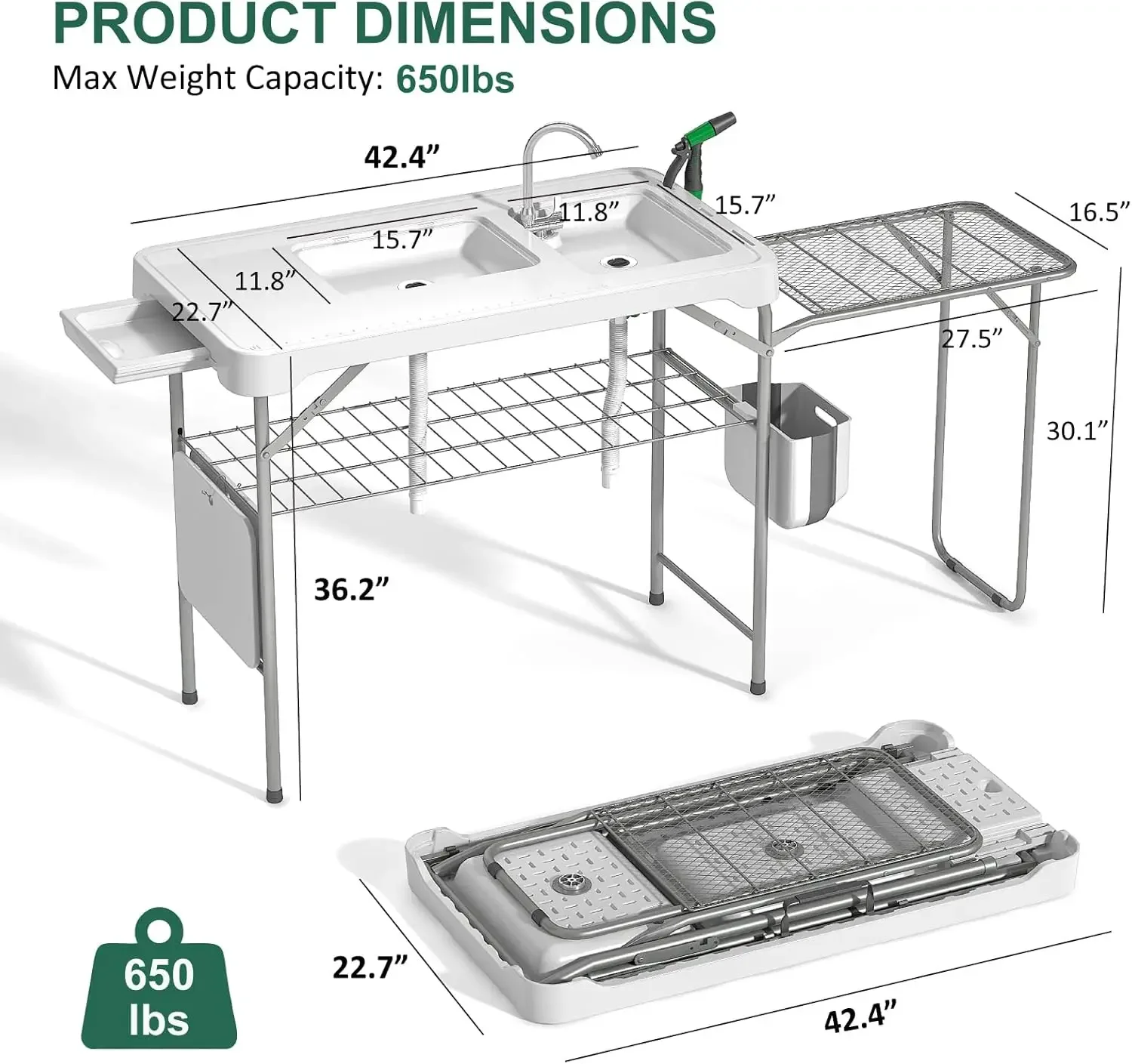 42.5' Fish Cleaning Table with Dual Sink, Portable Folding Camping Table with Foldable Extension