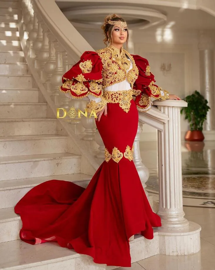 Red Velvet Mermaid Caftan Prom Dresses for Women Long Sleeve Luxury Applique samt kleid damen Evening Gown Albania customsized