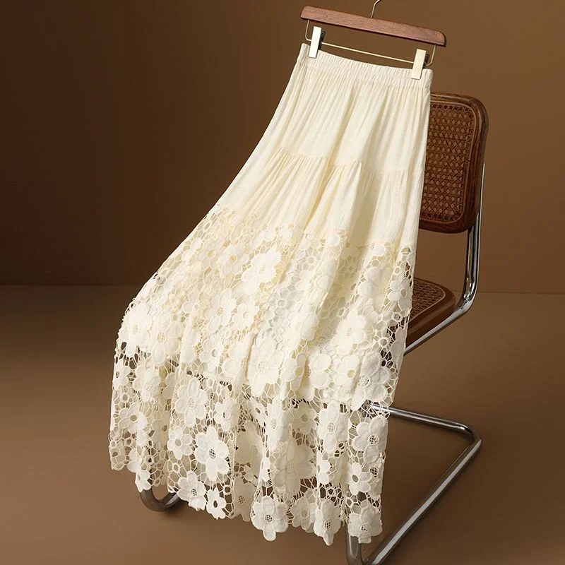 Jupe mi-longue en dentelle ajourée, Vintage, assortie avec tout, jupe longue de tempérament de couleur unie brodée et épissée, taille haute, été