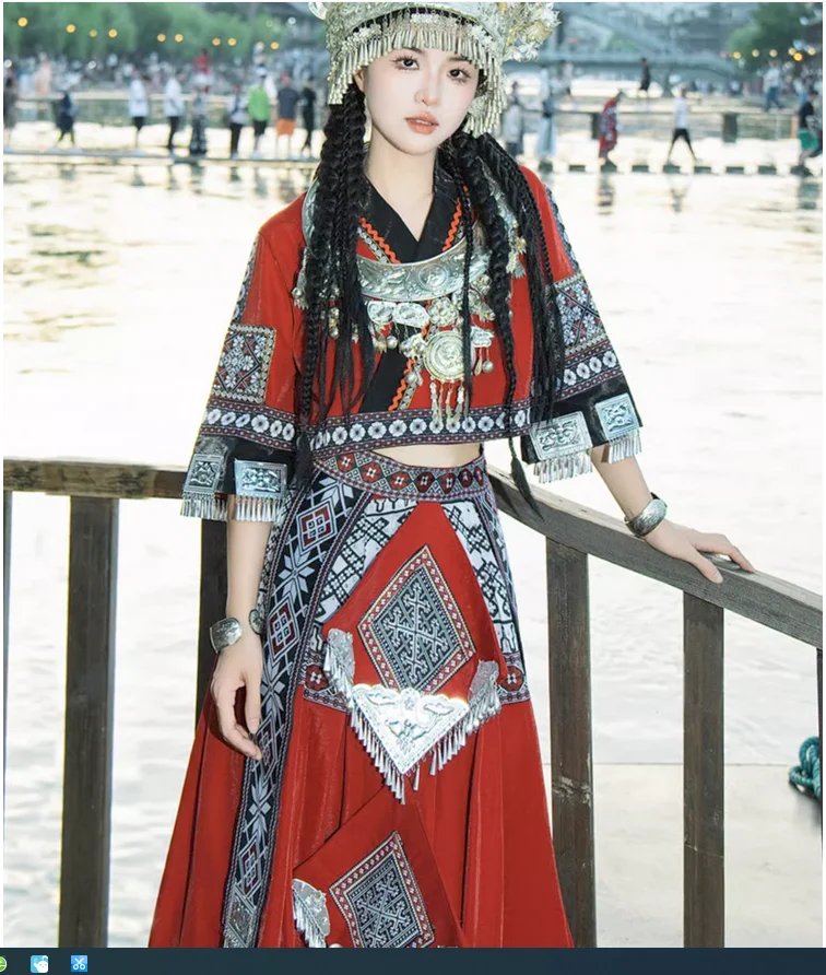 

Chinoiserie Miao costume embroidery women dance performance big skirt