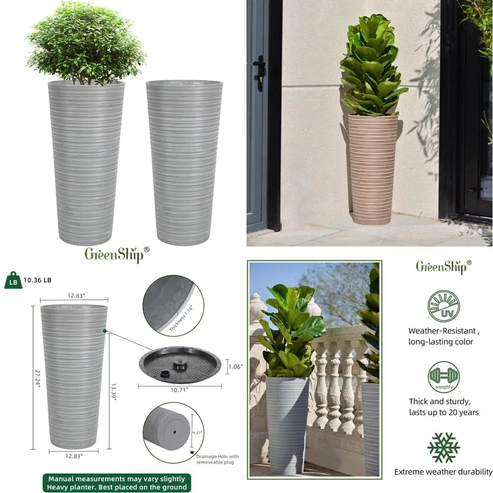 

Large Outdoor Porch Planters, 27 Inch Tall, Light Gray, Set of 2 with Drainage Holes