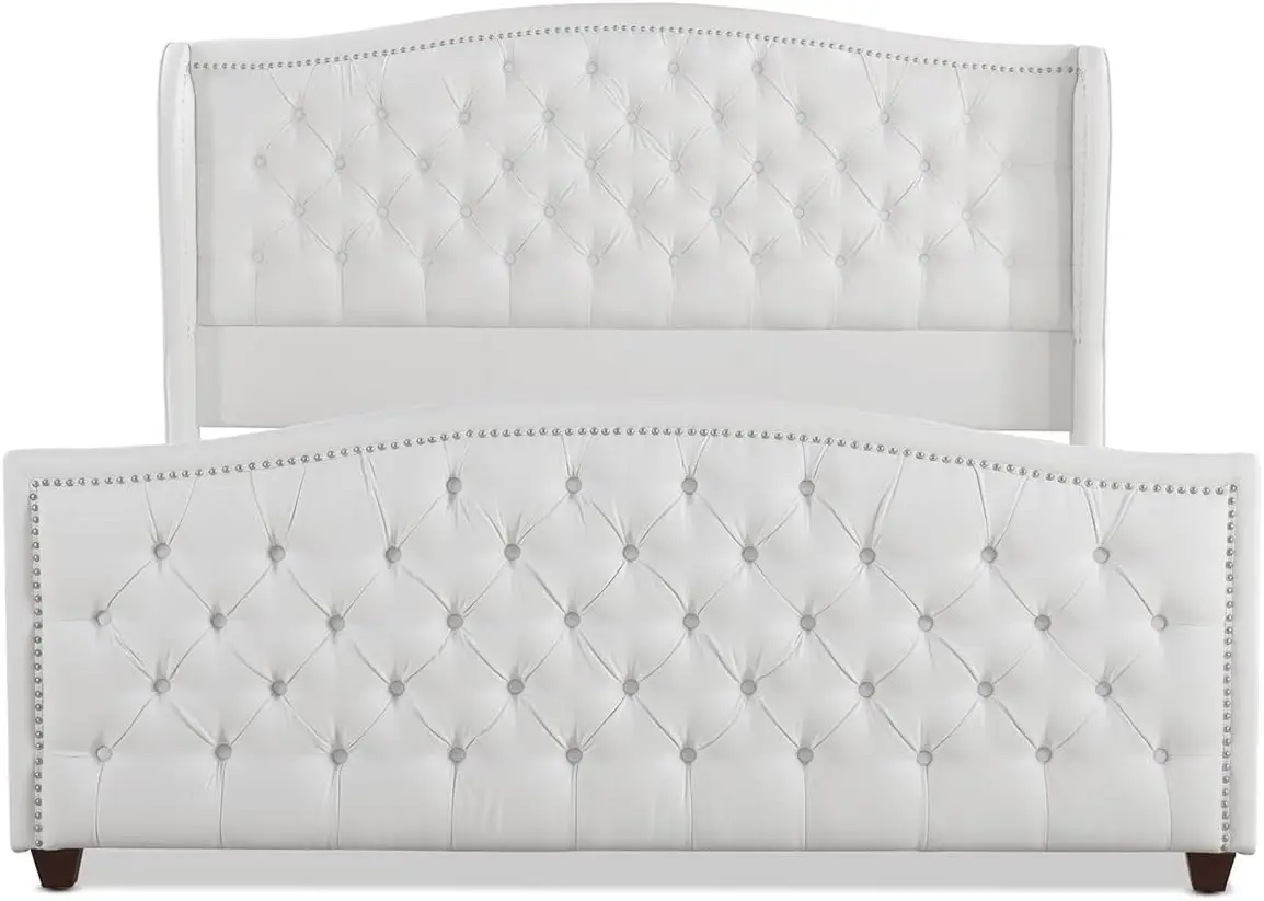 Upholstered Shelter Headboard Bed Set King Bright White Polyester Hand applied iron nailhead accents with satin silver finish