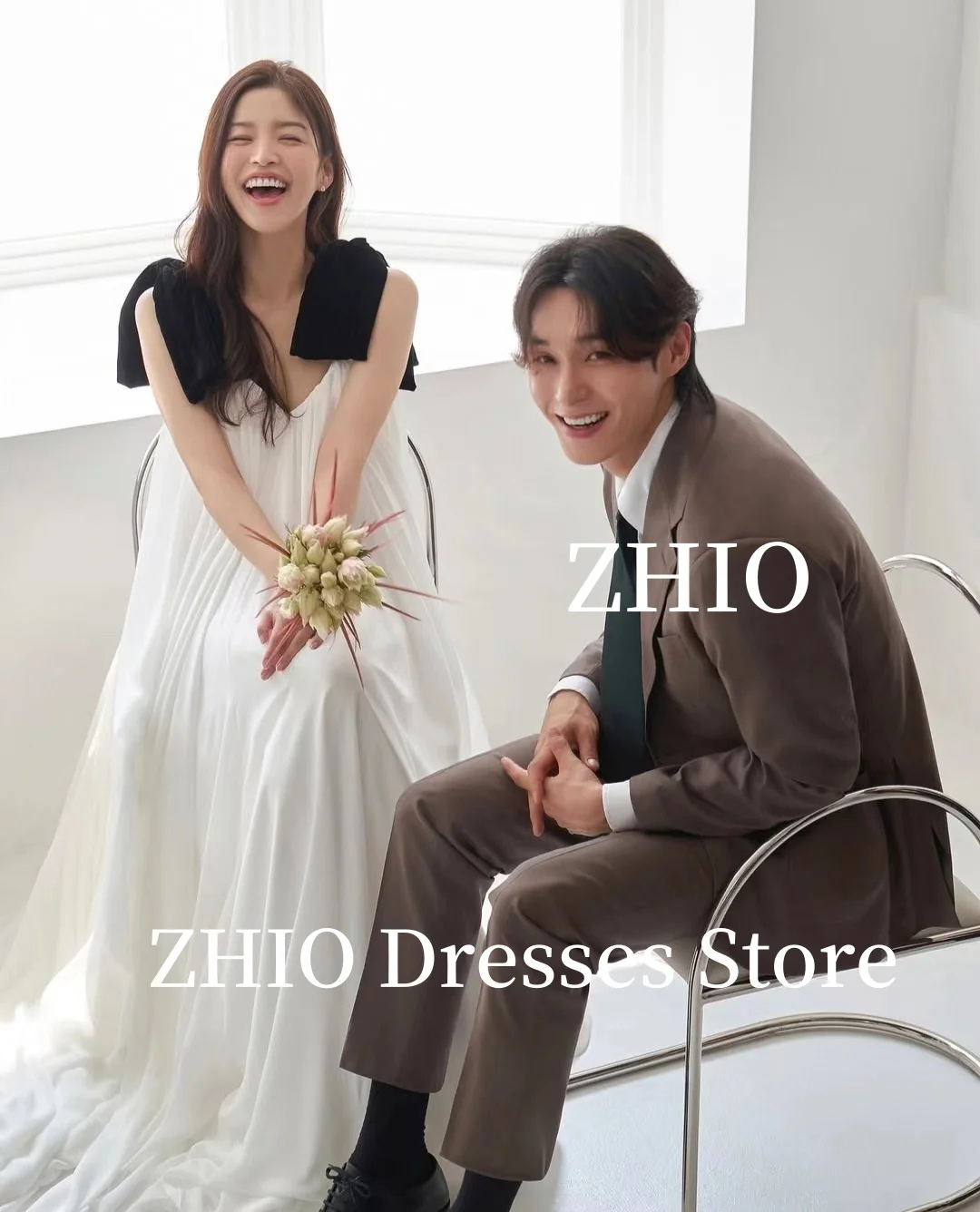 ZHIO Bow Contrast Color Wedding Dress A-Line Floor Length Evening Party Bridal Gown Korea Photo Shoot Customized Elegant