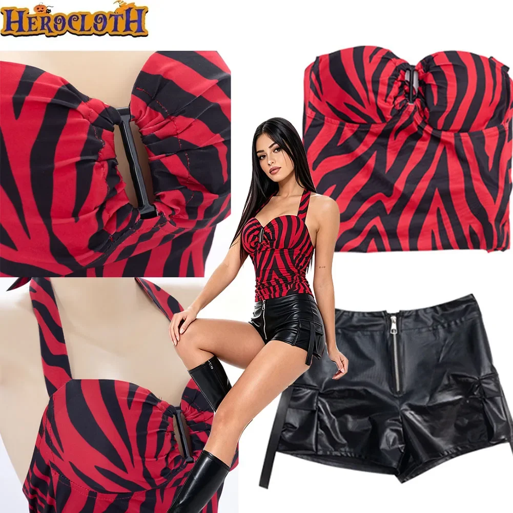 Disfraz de cosplay de Obsession Nikki, conjunto con top halter de estampado de cebra, pantalones cortos tipo cargo de cuero sintético, estilo punk urbano, ideal para Halloween, carnavales y fiestas, para mujer.