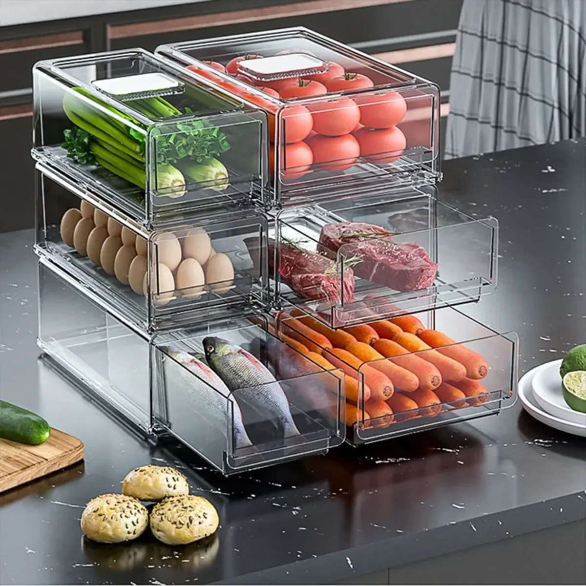 (ABZD) Caja organizadora apilable para refrigerador, caja de almacenamiento para refrigerador, organizador de alimentos frescos