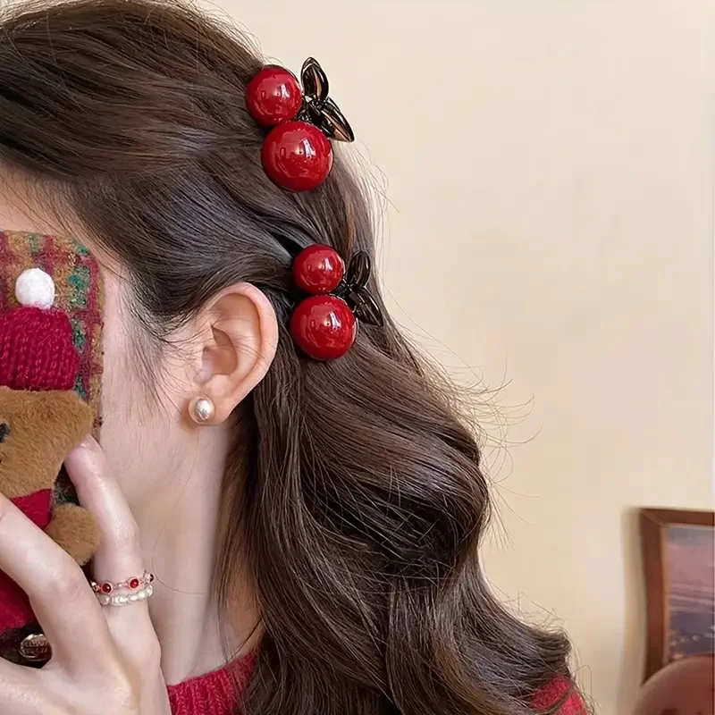 

1/2Pcs Cute Red Cherry Lady Claw Clip Elegant Bangs Side Piece Hairpin High Ponytail Princess Hair Accessory Shark Clip Gift