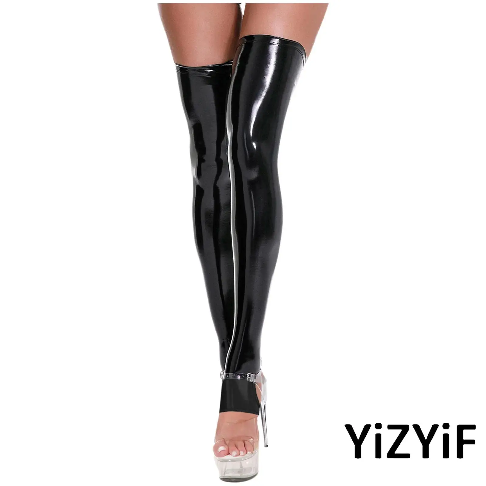 

Womens Patent Leather Thigh Knee High Stockings with Exposed Toe Design Shiny Over Knee Socks for Various Styles