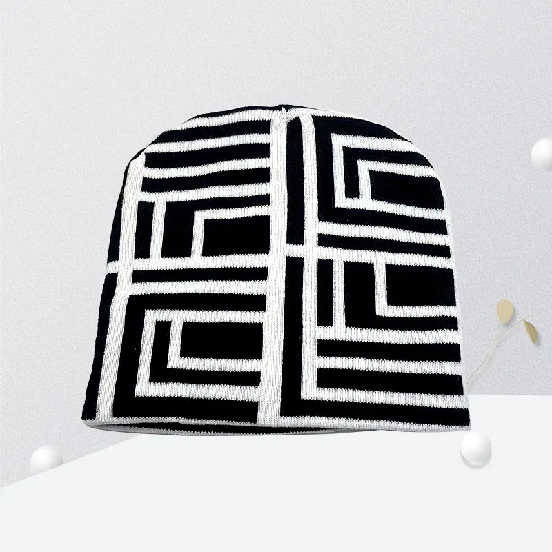 Jacquard Stretch Beanie for Women, Outdoor European and American Style Cross-Border Woolen Hat, Men's Double-Layer Warm Knit Hat