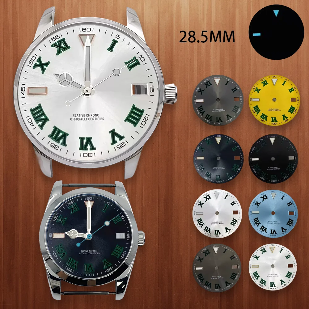 28.5mm S Dial Watch modification Roman numerals Ice Blue Luminous Fit NH35 Movement Sunburst Dial men's Watch caes