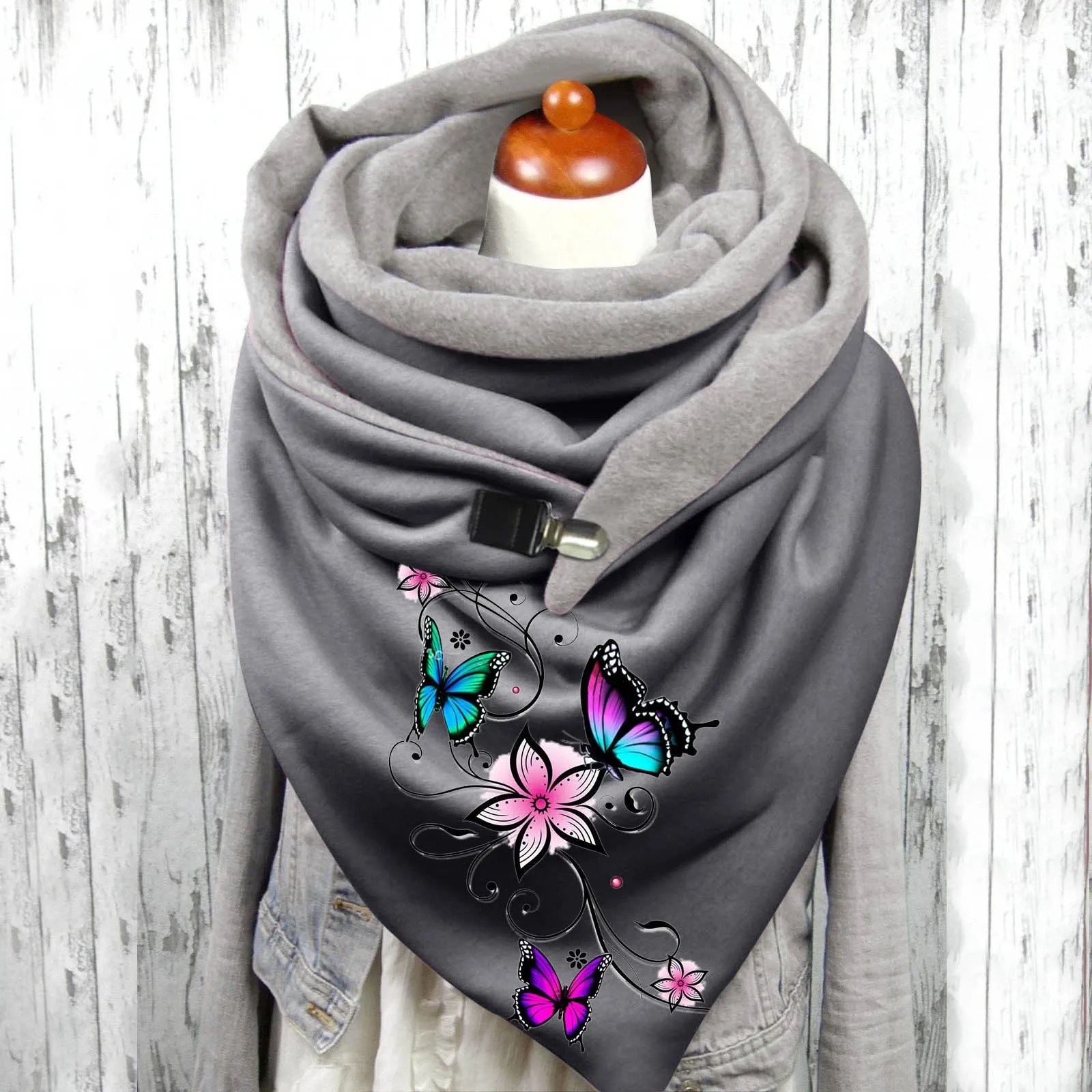 New Fashion Winter Women Scarf Funny Butterfly Flower Printing Button Soft Wrap Casual Warm Scarves Shawls Women Cotton Scarves