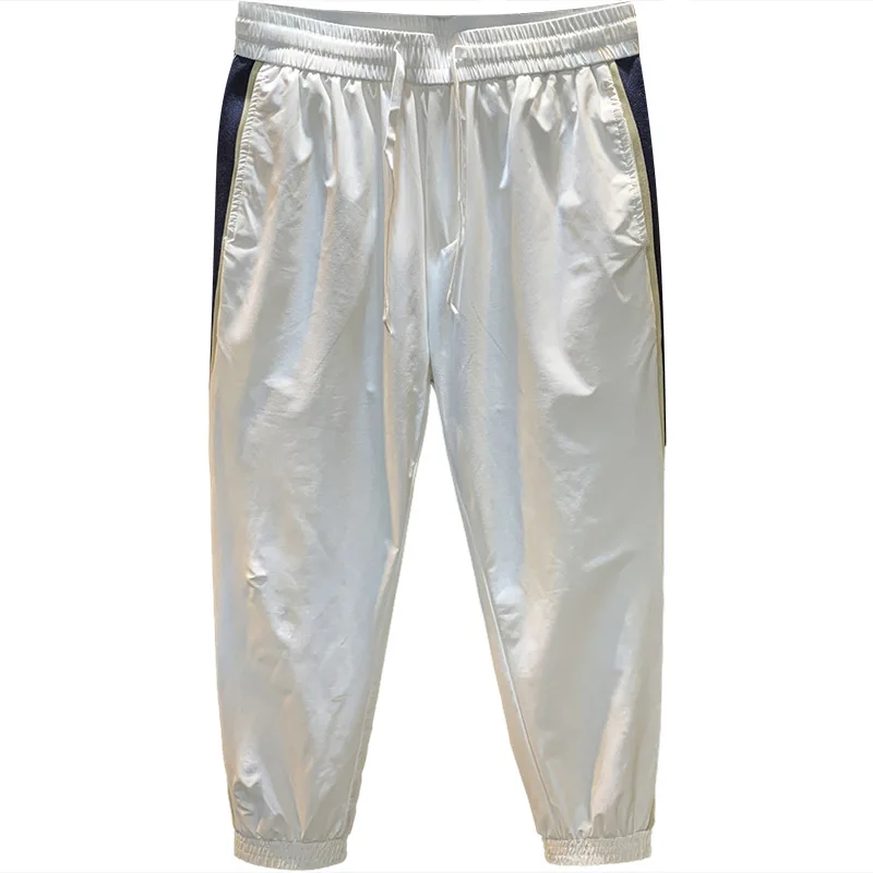 White ultra-thin ice silk pants for men in the summer of 2025, new loose leg binding trend, woven belt splicing casual pants