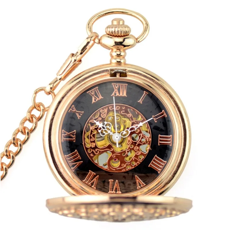 Rose Gold Floral Retro Hollow Case Roman Number Black Dial Men's Hand Wind Mechanical Movement Pocket Watch With Fob Chain Gift