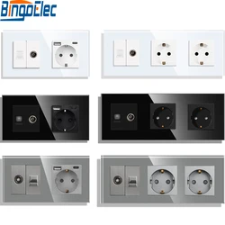 Bingoelec Wall Socket TV PC Internet with USB Socket Type-C Interface Crystal Glass Panel White Black Grey Golden EU Standard