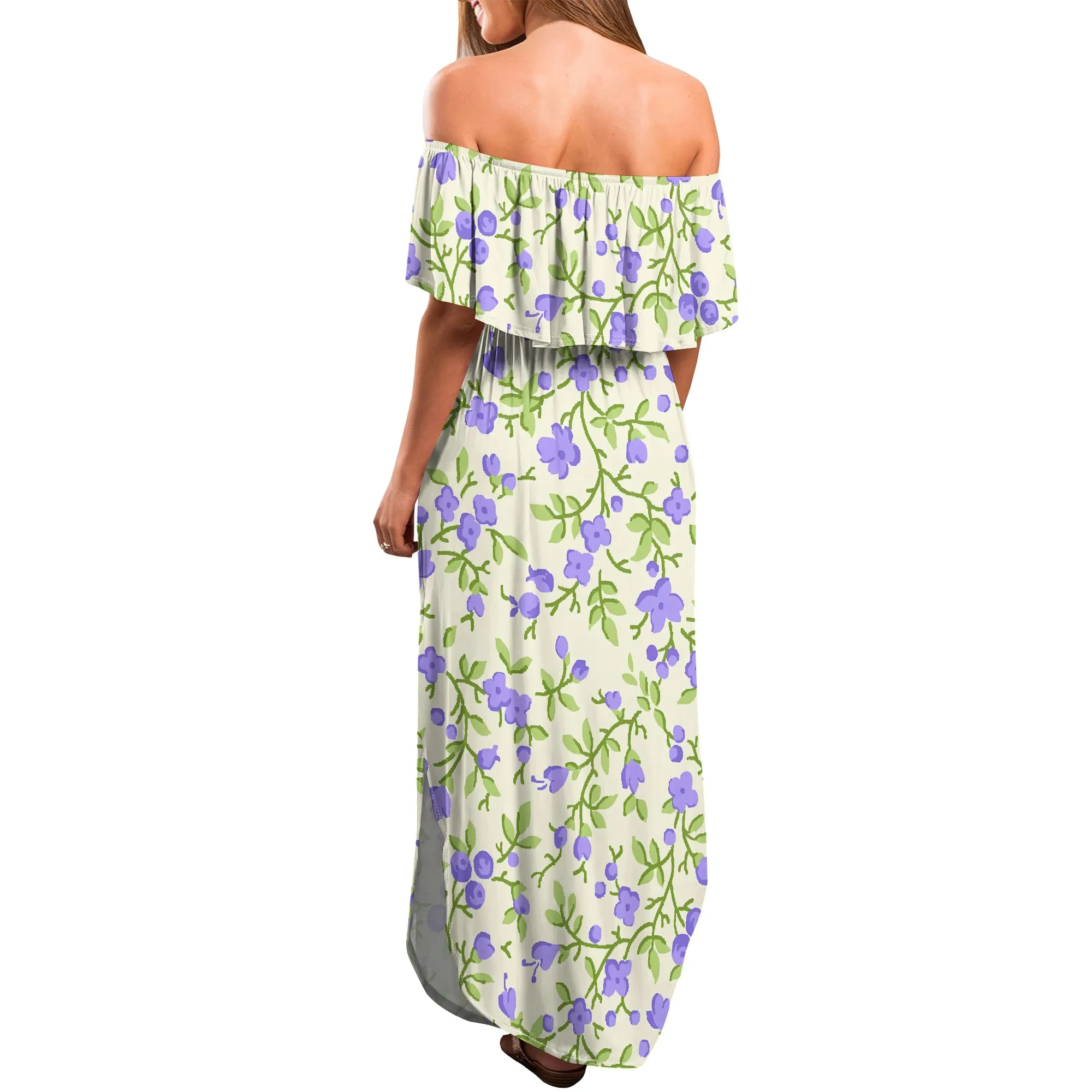 Nupusa ดอกไม้พิมพ์ปิดไหล่ Maxi ชุดผู้หญิงฤดูร้อนหลวมชุดยาว