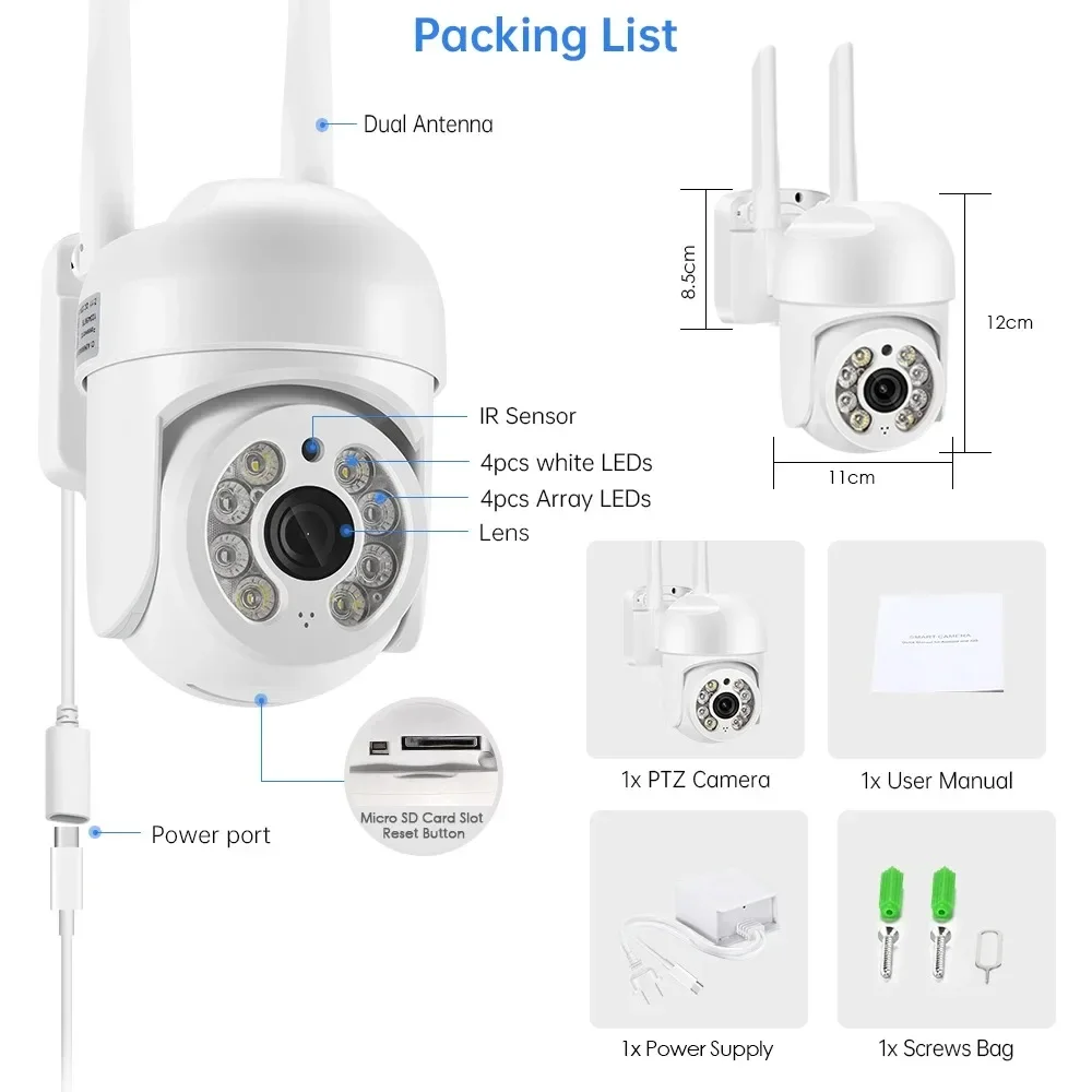 Imagem -06 - Câmeras ip de Vigilância por Vídeo sem Fio ao ar Livre Segurança Doméstica-proteção Visão Noturna Colorida hd Câmera Ptz Wifi 5mp