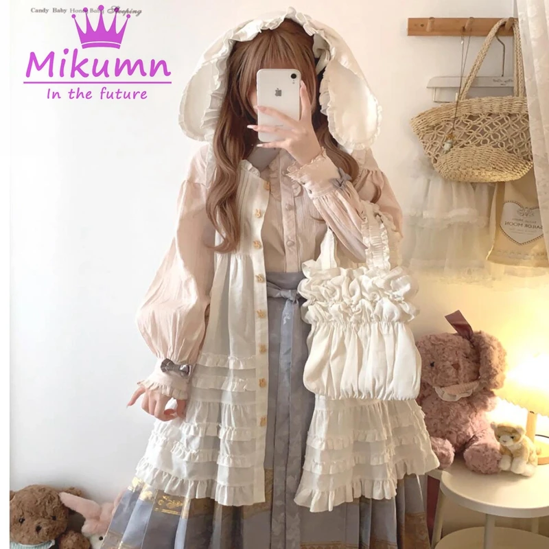 Mikumn Japanese Harajuku Sweet Lolita Mini Dress Women Cute Bow Rabbit Ears Hooded Sleeveless Dress Y2k Girls Kawaii Dresses