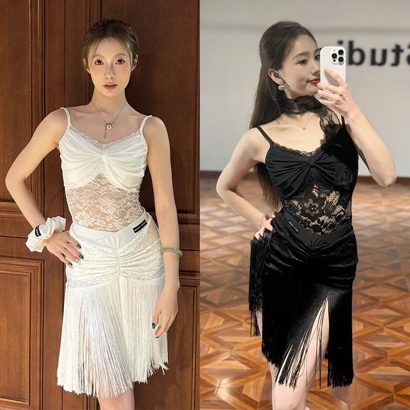 

Одежда для латиноамериканских танцев 2026: Женские черно-белые кружевные топы и юбки с бахромой для румбы и ча-ча-ча, тренировочные и сценические платья DNV26705