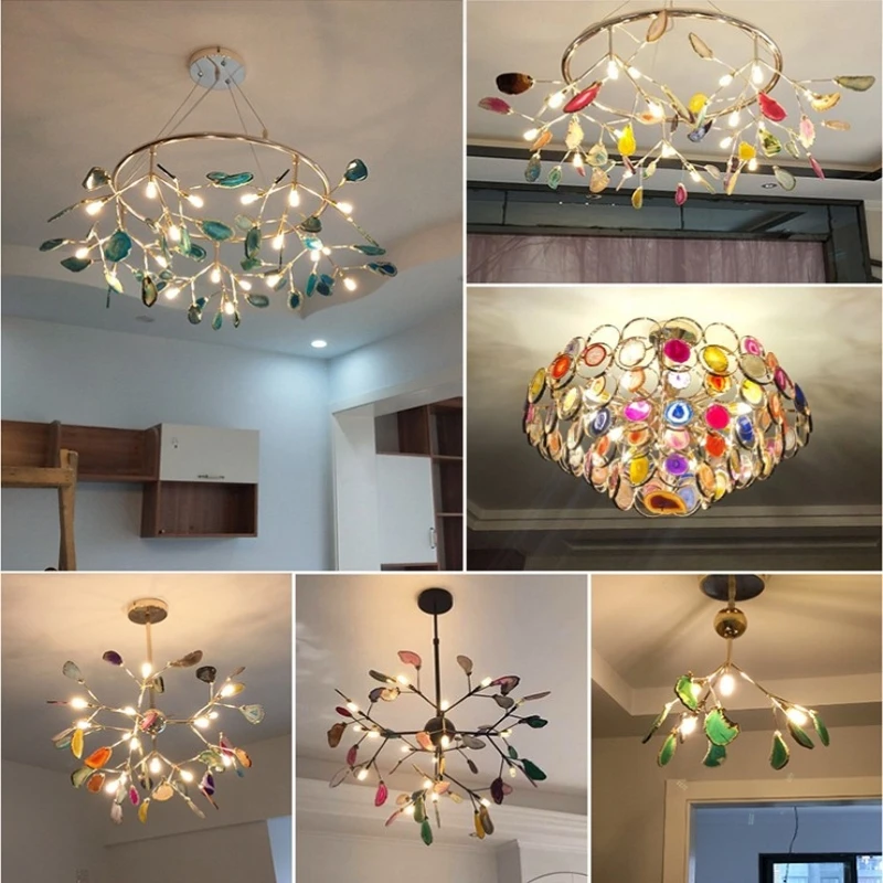 Natural Colorful Agate LED Chandeliers Living Room Restaurant Bedroom Lighting Fixtures Home Romantic Decoration G4 110-220V