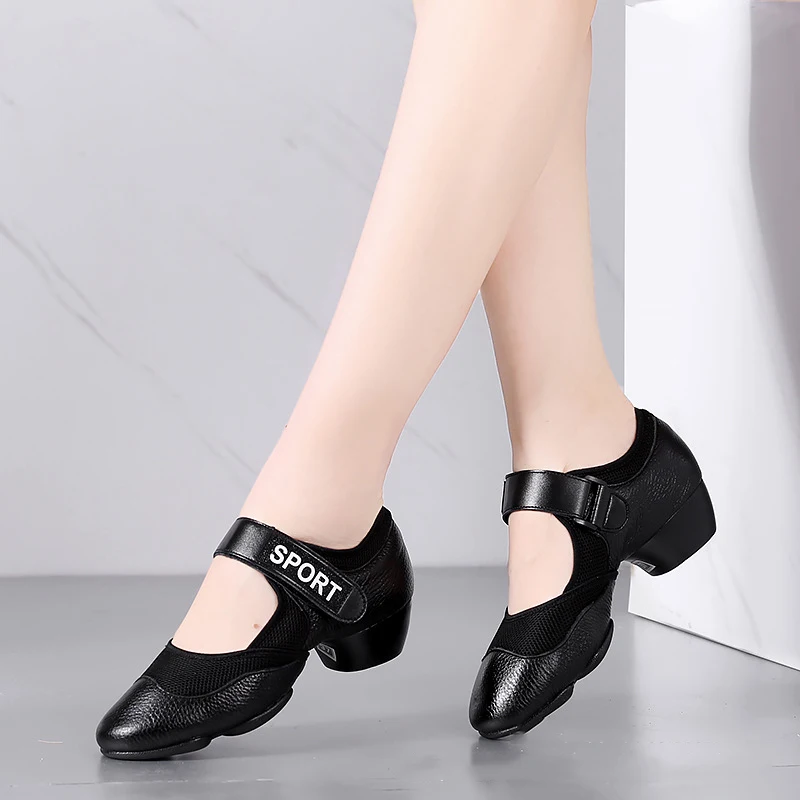 Adult Soft Leather Mesh Dance Shoes Low Heel Rubber Pad Dance Shoes Fashionable Comfortable Breathable Women's Dance Shoes