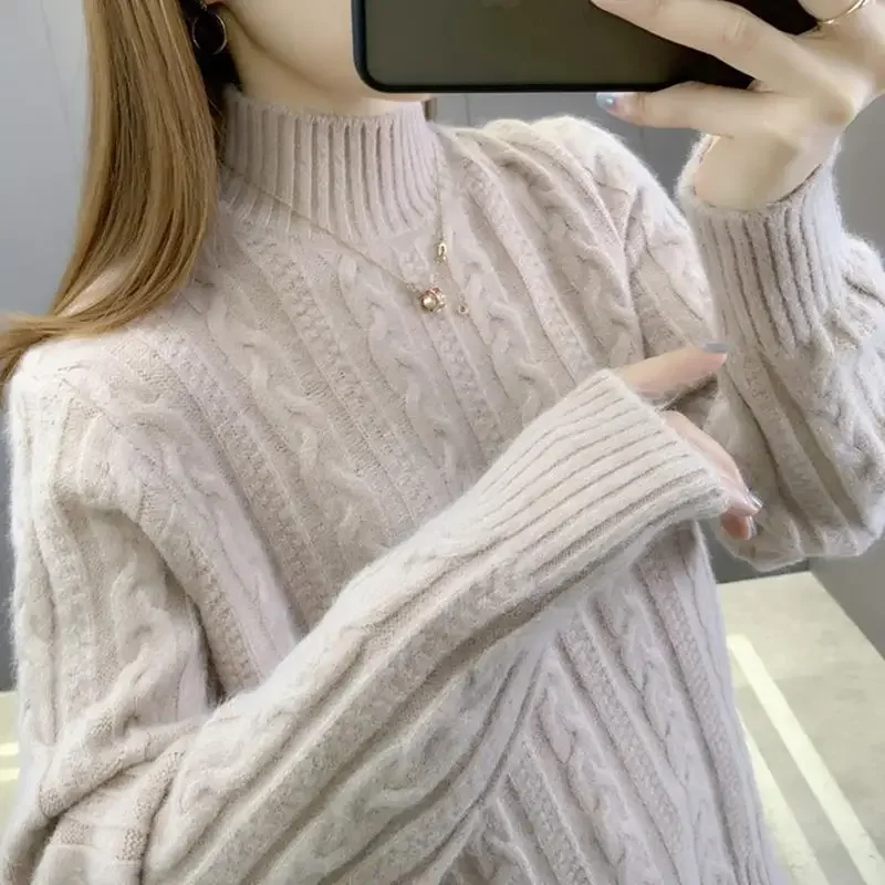 2023 New Women's Clothing Knitted Half High Collar Long Sleeve Thick Loose Commuter Casual Solid Color Sweaters Jumpers