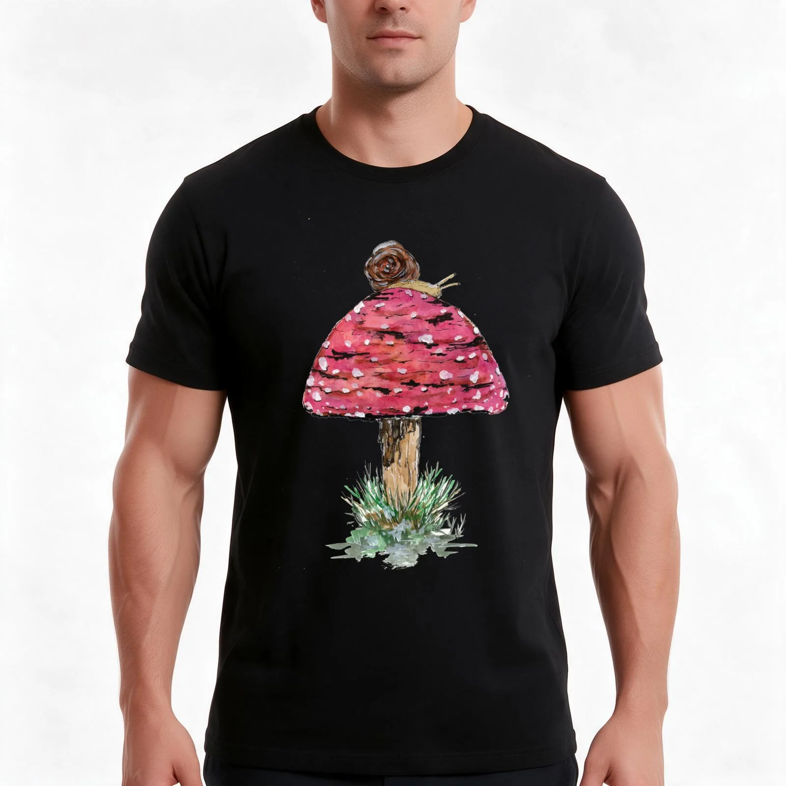 Fly Agaric Toadstool and Snail T-Shirt, Summer Casual Cotton Tee, Oversized Streetwear Tops, Vintage Graphic Print, 100% Cotton
