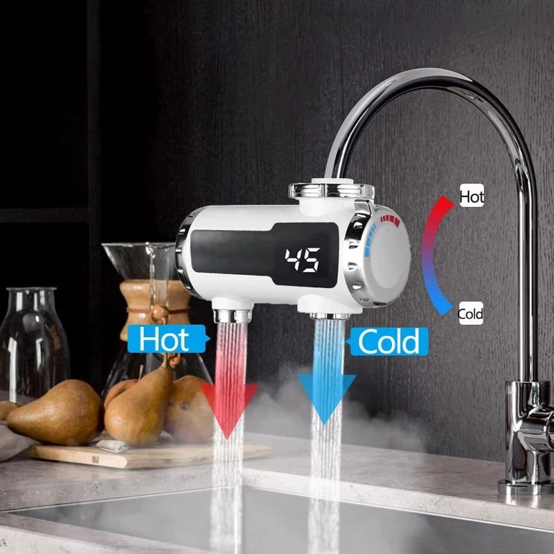 3000W Electric Water Heater Instant Heating Faucet Hot and Cold Double Outlet Electric Tap Temperature Display Kitchen Bathroom