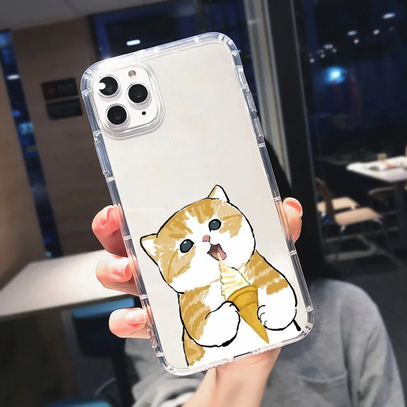 Cartoon Cat Phone Case for iPhone 14 13 12 11 Pro XS Max Mini 7 8 14 Plus X XR SE Shockproof Transparent Ice Cream Covers Fundas