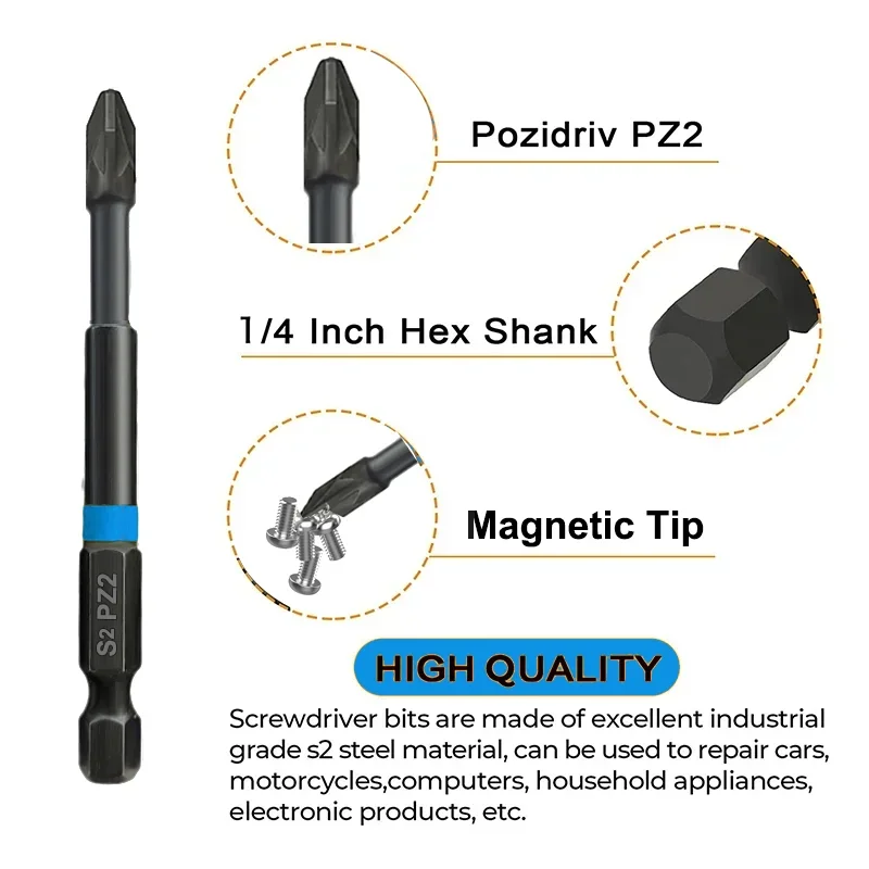 Pozidriv 스크루 드라이버 비트, 비트 거치대 포함, 1/4 인치 육각 생크, 마그네틱 임팩트 드라이버 비트, 6PCs, 75mm