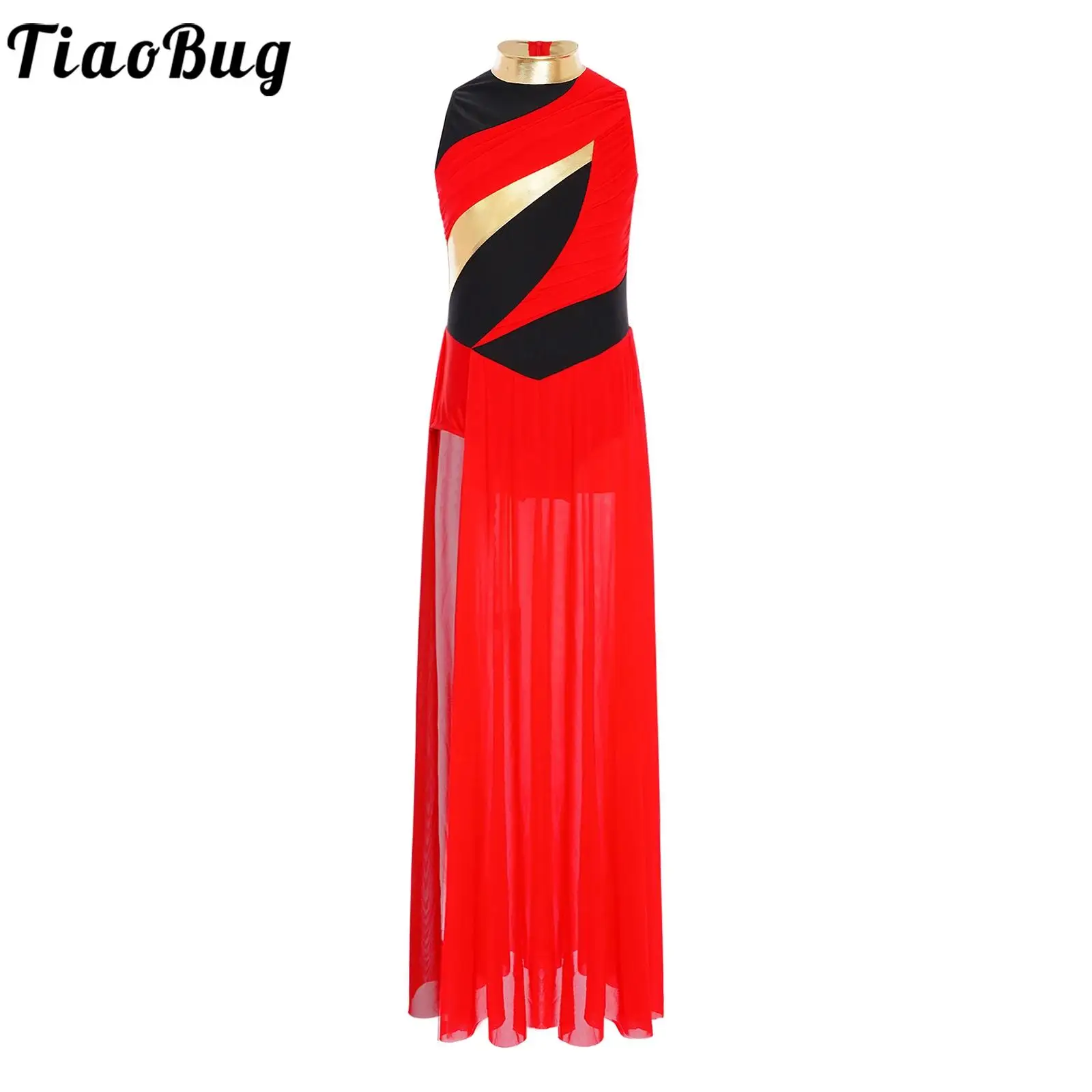 Kids Girls Modern Contemporary Dance Costume Mock Neck Sleeveless Ruched Mesh Overlay Bodice Side Split Lyrical Dance Dress