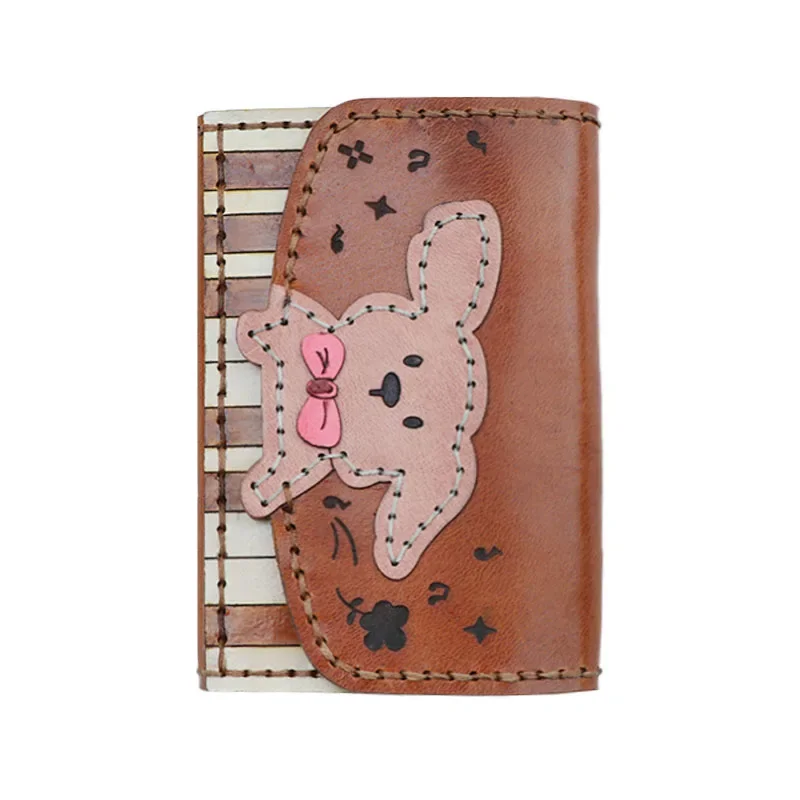 Super Cute Handmade Cowhide Short Wallet, Card Bag, Puppy Playing Piano, Business Card Bag, Pink Jade Cinnamon Dog Magnetic Bag.