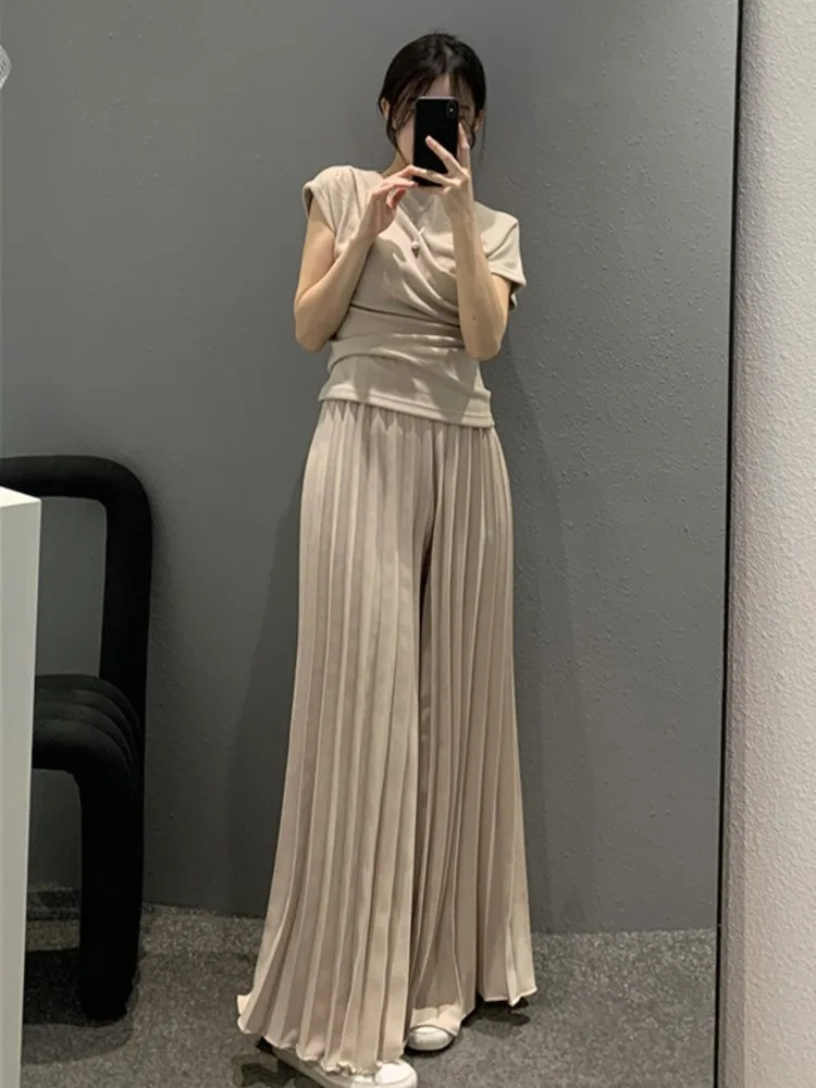 Spring Summer High Waist Long Pleated Pant Women Korean Style Loose Pleated Wide Leg Ladies Trousers Fashion Casual Woman Pants