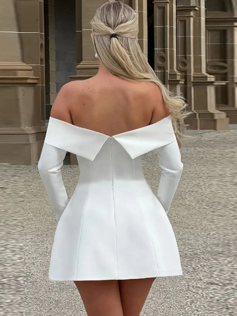 Elegant Chic Off Shoulder Long Sleeve White Blazer Dress Women Fall Winter Slash Neck Backless Zipper A-line Black Party Dresses