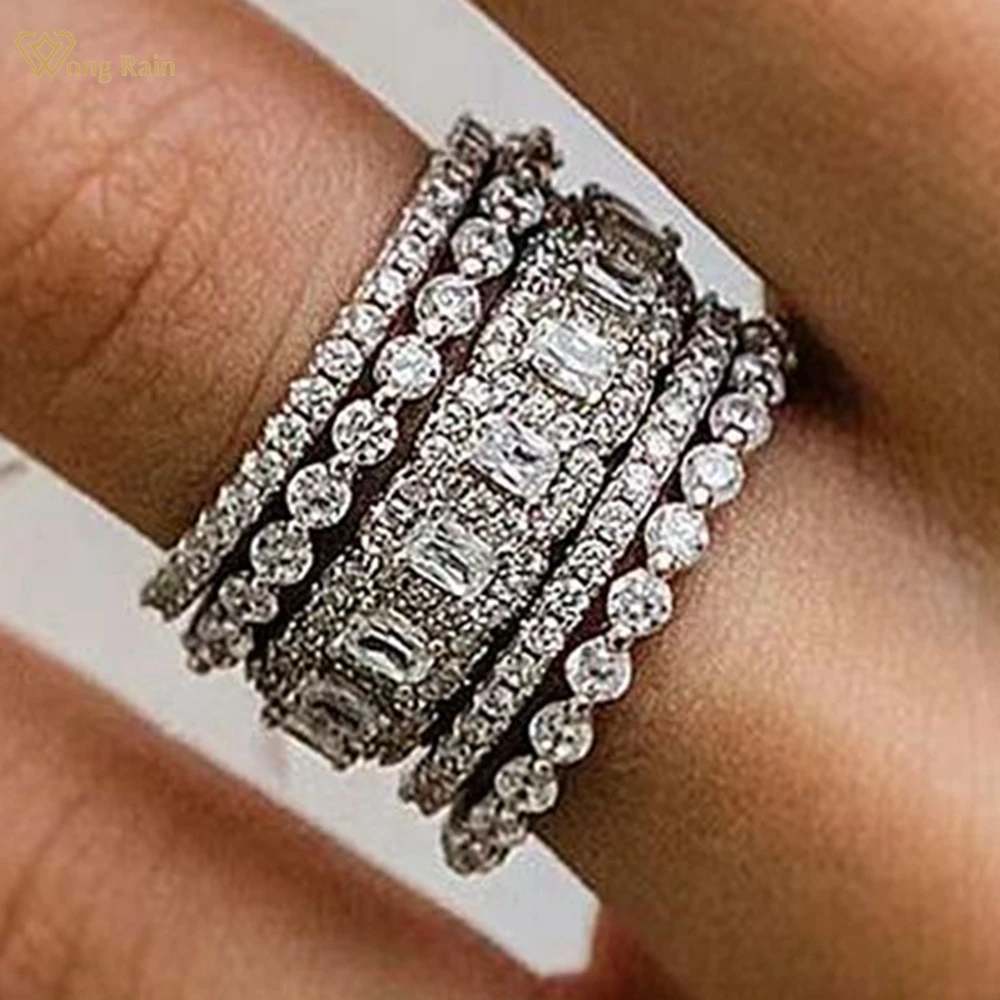 

Wong Rain 100% 925 Sterling Silver Sparkling Lab Sapphire Gemstone Wedding Party Row Ring Sets 5Pcs Fine Jewelry Gifts Wholesale