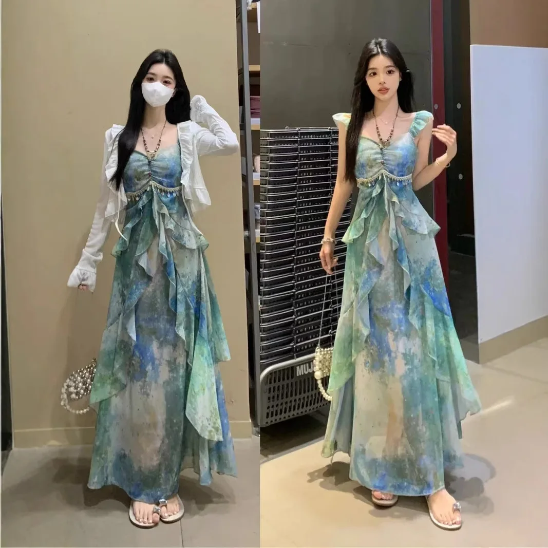 

Elegant Summer Print Chiffon Halter Dress Women's Holiday Vacation Gown Slimming Cover up Casual Sportswear Set