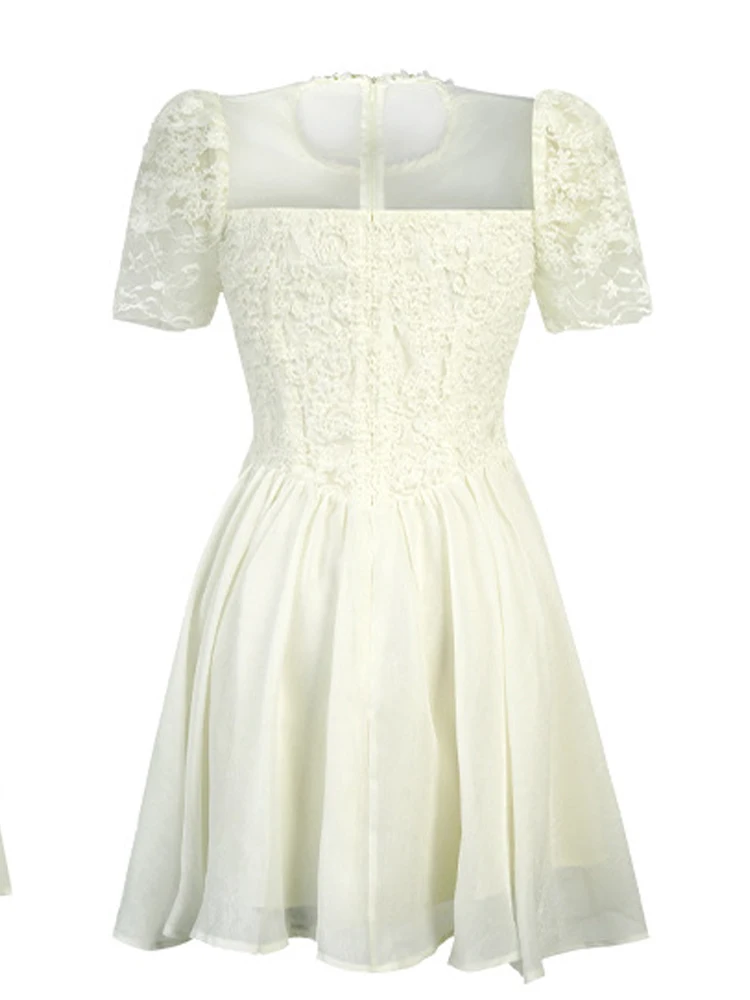 Abito da donna dolce ed elegante con data femminile adorabile carino maglia trasparente pizzo ricamato abito da ballo corto Lady banchetto festa Vestido Mujer