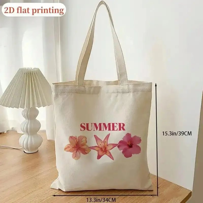 1pc Double-Sided Printing 2D Graphic Design, Summer Hibiscus Tote Bag, White Beach Bag, Brightly Printed, Durable Rectangular Sh