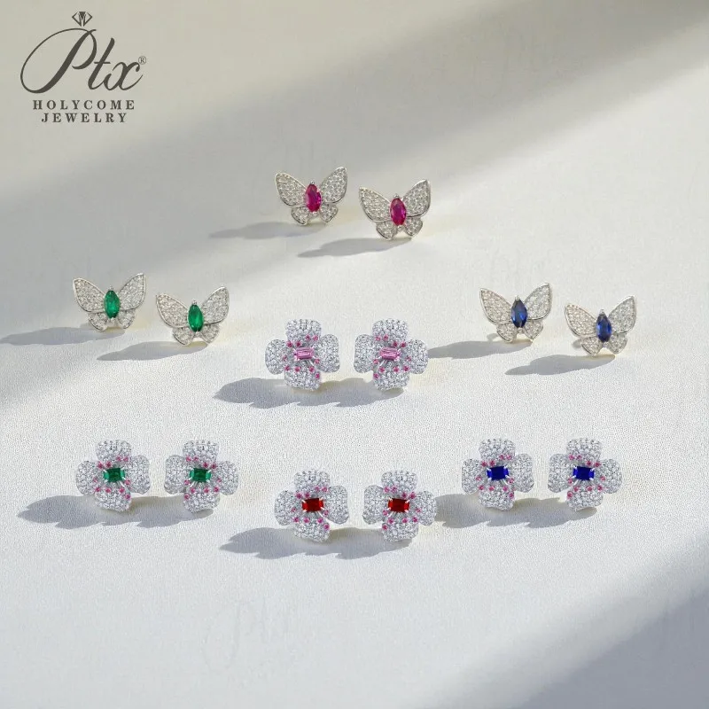

Flower Butterfly Earrings with Emerald or Marquise Ruby Sapphire Colombia Padparadscha for Women Girls Cute Romantic Party Gift