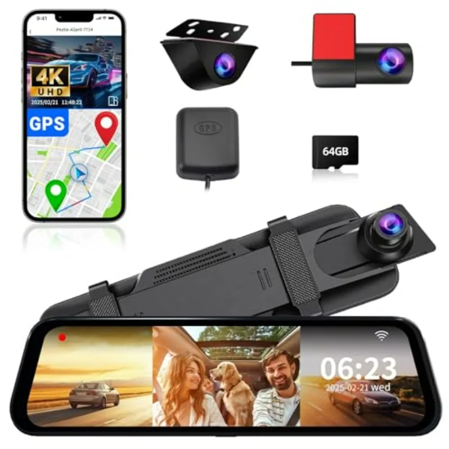 

3 Channel Mirror Dash Camera 4K/3K+2.5K/1080p Rear View with GPS APP Control WDR Night Vision G-Sensor Loop Recording 24H Parki