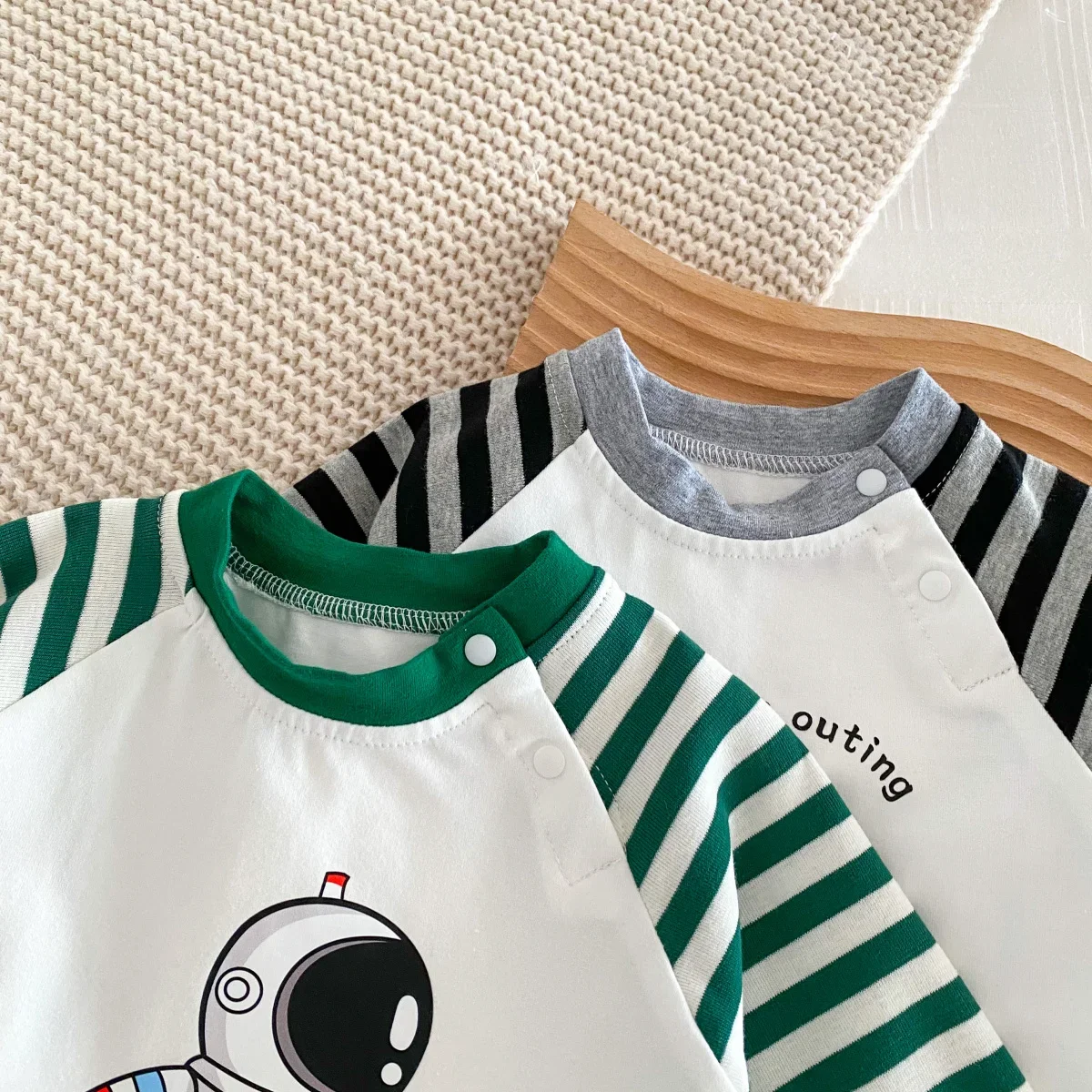 2023 baby autumn clothes Newborn Baby Boys Striped Patchwork Cartoon Astronaut Print Jumpsuit Toddler Kids Cotton Romper New