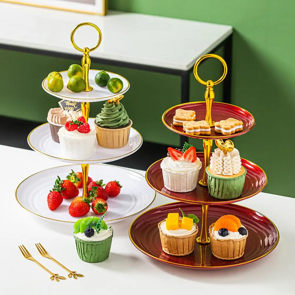 Cake Stand Golden Edged Cup Cake Dessert Tower 3 Tier Cupcake Stand Holder Food-grade Plastic Metal Rod Tiered Serving Tray